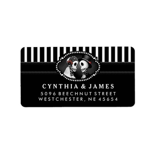 Zwart Halloween Bruiloft Skeletten Streep Adres Etiket (Voorkant)