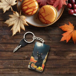 Zwart Halloween Cat QR-code Sleutelhanger