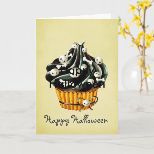 Zwart Halloween Cupcake Kaart (Gele Bloem)