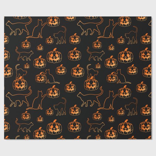 Zwart Halloween Katten en Jack-o-Lantern Patroon Cadeaupapier (Vlak)