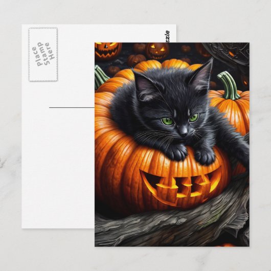 Zwart Halloween Kitten Briefkaart (Voorkant / Achterkant)