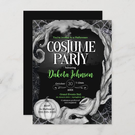 Zwart Halloween Kostuum Party Uitnodiging w / RSVP (Voorkant / Achterkant)