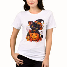 Zwart Halloween-pompoen T-shirt met kat