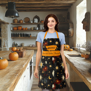 Zwart Halloween Schort met geesten, sterren, zonne
