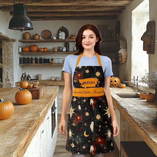 Zwart Halloween Schort met geesten, sterren, zonne