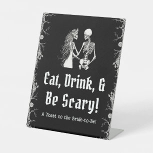 Zwart Halloween Skelet Eet, Drink & Wees Eng Teken Reclamebord Met Voetstuk
