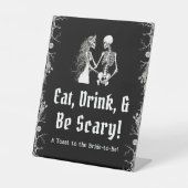 Zwart Halloween Skeleton Eet Drink & Wees eng Teke Reclamebord Met Voetstuk (Voorkant)