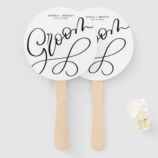 Zwart Hand Geletterd Script Groom Wedding Fan Handwaaier (Voorkant en achterkant)