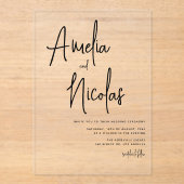 Zwart handgeschreven minimalistische bruiloft acryl uitnodigingen (Voorkant)