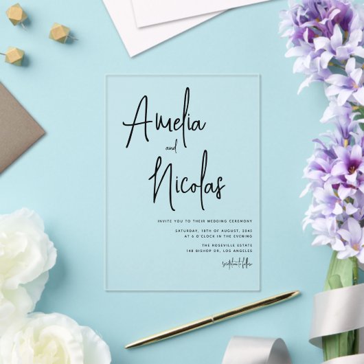 Zwart handgeschreven minimalistische bruiloft acryl uitnodigingen (Insitu (Huwelijk))