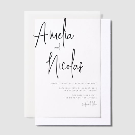 Zwart handgeschreven minimalistische bruiloft vellum uitnodigingen (Offset)