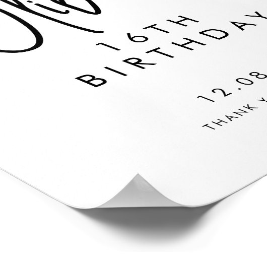 Zwart Handgeschreven Script 16th Verjaardag Welkom Poster (Hoek)