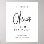 Zwart Handgeschreven Script 16th Verjaardag Welkom Poster (Voorkant)