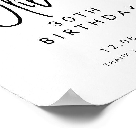 Zwart handgeschreven script 30th Birthday Welkom Poster (Hoek)