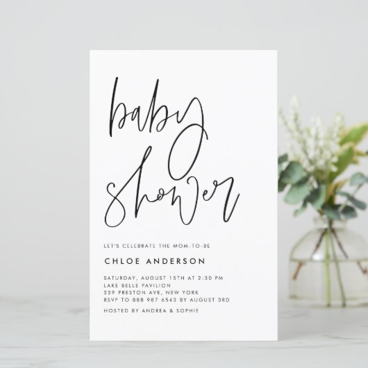 Zwart handgeschreven script Baby shower uitnodigen (Staand voorkant)