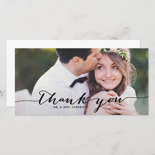Zwart handgeschreven script bruiloft Foto Bedankkaart (Voorkant / Achterkant)