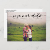 Zwart handgeschreven script foto onze datum opslaa aankondigingskaart (Voorkant / Achterkant)