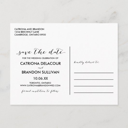 Zwart handgeschreven script foto onze datum opslaa aankondigingskaart (Achterkant)