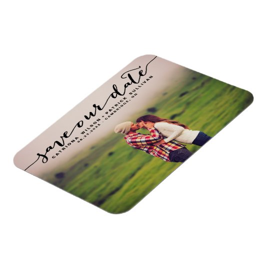 Zwart handgeschreven script foto onze datum opslaa magneet (Linkerzijde)