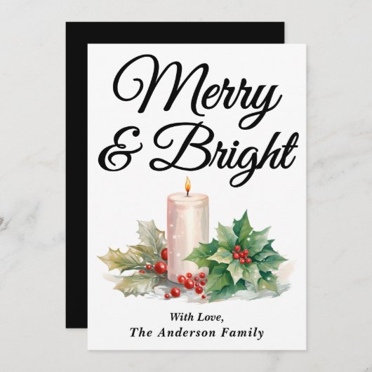 Zwart handgeschreven script Merry & Bright Feestdagenkaart (Voorkant / Achterkant)