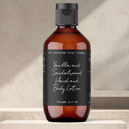 Zwart handgeschreven uitziend cosmeticafleslabel etiket