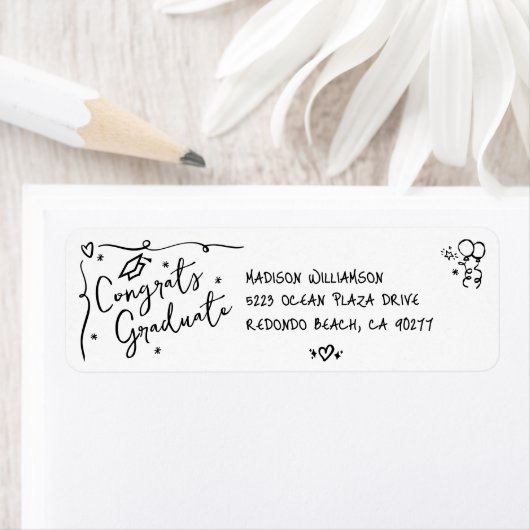 Zwart handgetekend krabbeldoodle afstudeeradres in etiket (Insitu)