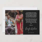 Zwart handschrift script foto bruiloft dank u bedankkaart (Achterkant)