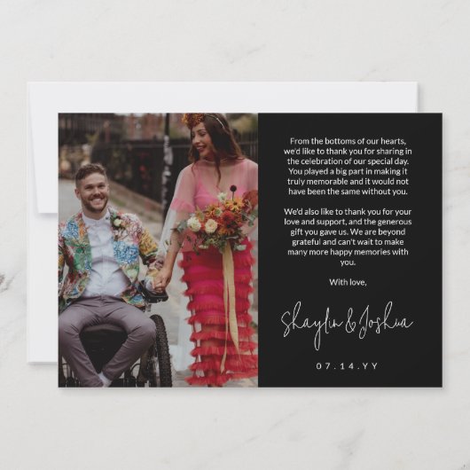 Zwart handschrift script foto bruiloft dank u bedankkaart (Achterkant)