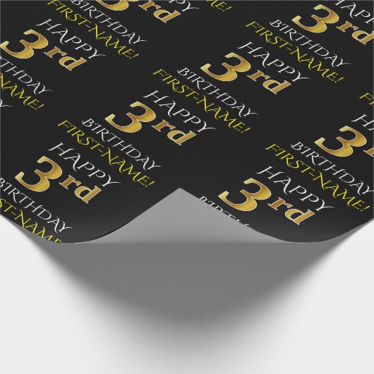 Zwart, "HAPPY 3rd BIRTHDAY"-omslagpapier Cadeaupapier (Hoek)