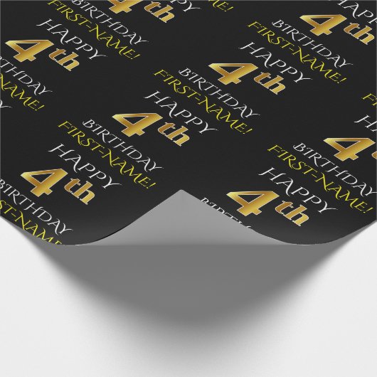 Zwart, "HAPPY 4th BIRTHDAY"-omslagpapier Cadeaupapier (Hoek)