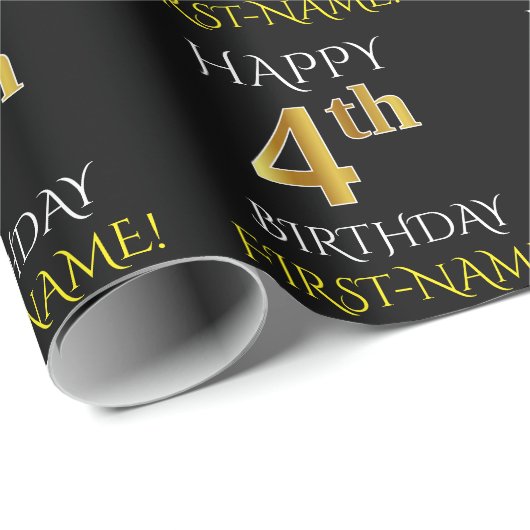 Zwart, "HAPPY 4th BIRTHDAY"-omslagpapier Cadeaupapier (Rol Hoek)