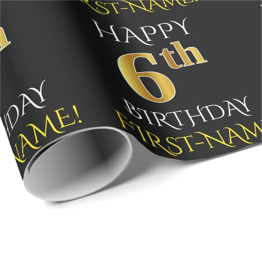 Zwart, "HAPPY 6th BIRTHDAY"-omslagpapier Cadeaupapier (Rol Hoek)