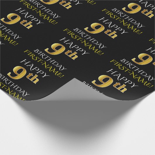 Zwart, "HAPPY 9th BIRTHDAY"-omslagpapier Cadeaupapier (Hoek)