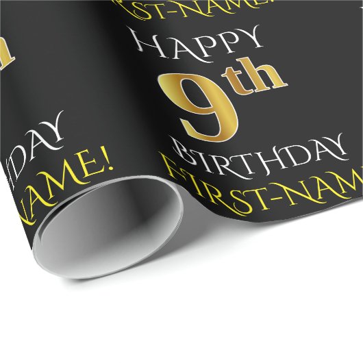 Zwart, "HAPPY 9th BIRTHDAY"-omslagpapier Cadeaupapier (Rol Hoek)