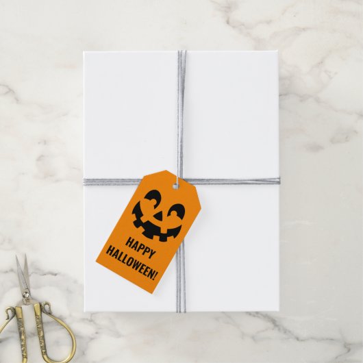 Zwart Happy Halloween pompoen gezicht vorm op Sina Cadeaulabel (Met Touw)