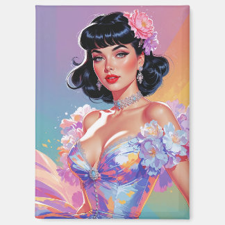 Zwart-harige Pin-Up met Bangs Floral Elegance Magneet