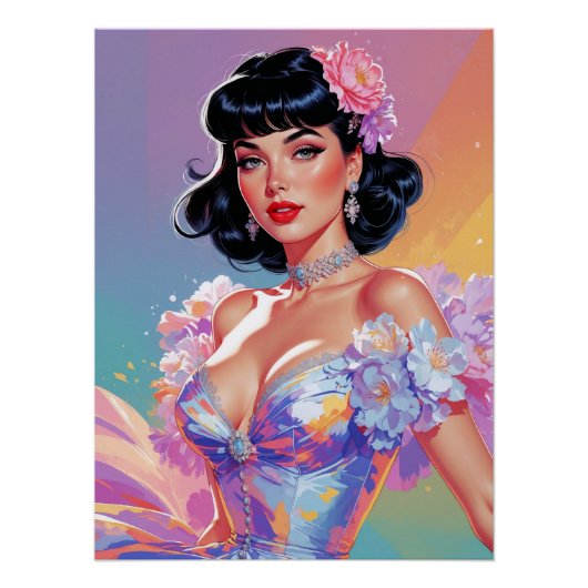 Zwart-harige Pin-Up met Bangs Floral Elegance Perfect Poster (Voorkant)