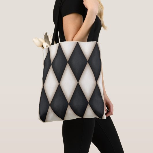 Zwart. Harlequin Pattern & White Diamond Check Tote Bag (Dichtbij)
