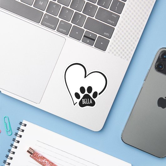 Zwart Hart met Pootafdruk Sticker (Laptop met iPhone)