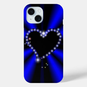 Zwart hart met sterren op blauwe zwarte regenboog iPhone 15 case