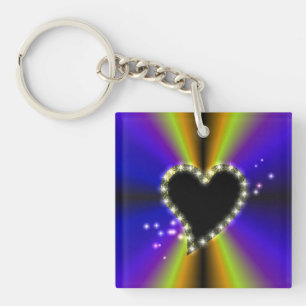 Zwart hart met sterren op paarse gele regenboog sleutelhanger