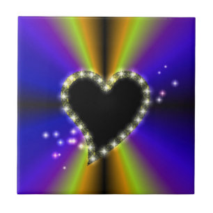 Zwart hart met sterren op paarse gele regenboog tegeltje