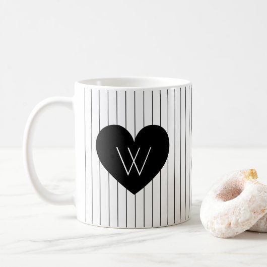 Zwart Hart met Verticale Strepen Patroon Monogram Koffiemok (Met donut)