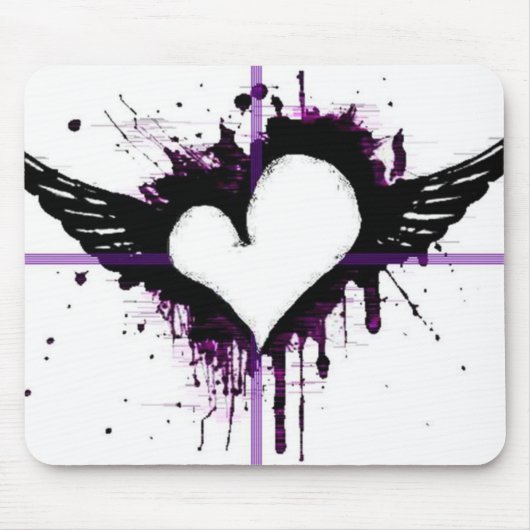 Zwart hart met Wings Mousepad Muismat (Voorkant)
