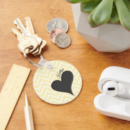 Zwart hart op gele Chevron Stripe met naam Sleutelhanger