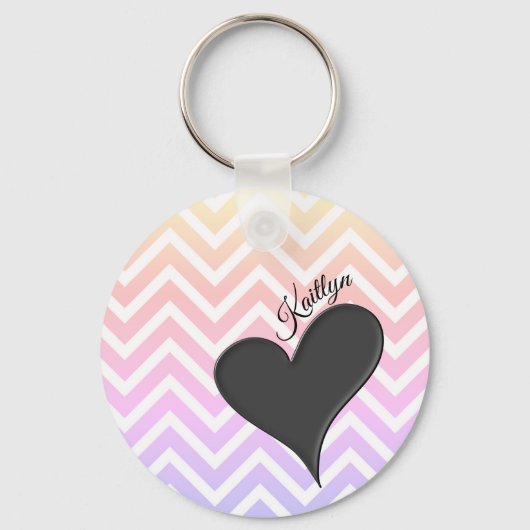 Zwart hart op Ombre Chevron Stripe met naam Sleutelhanger (Voorkant)