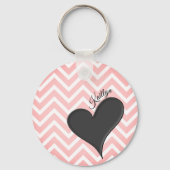 Zwart hart op roze Chevron Stripe met naam Sleutelhanger (Voorkant)