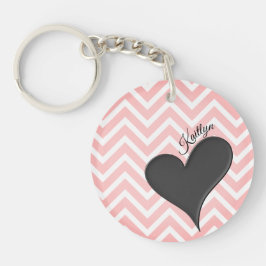 Zwart hart op roze Chevron Stripe met naam Sleutelhanger