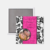 Zwart/Heet Roze Bloemen Damask Aankondiging Magnee Magneet (Voorkant / Achterkant)