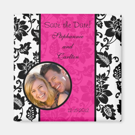 Zwart/Heet Roze Bloemen Damask Aankondiging Magnee Magneet (Voorkant)